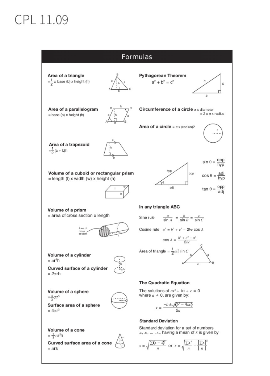 math formulas reference sheet